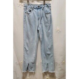 GIRLS 10 BLUE JEANS LIGHT DENIM SPLIT RAW HEM WIDE LEG FLARE HIGH RISE FRINGE